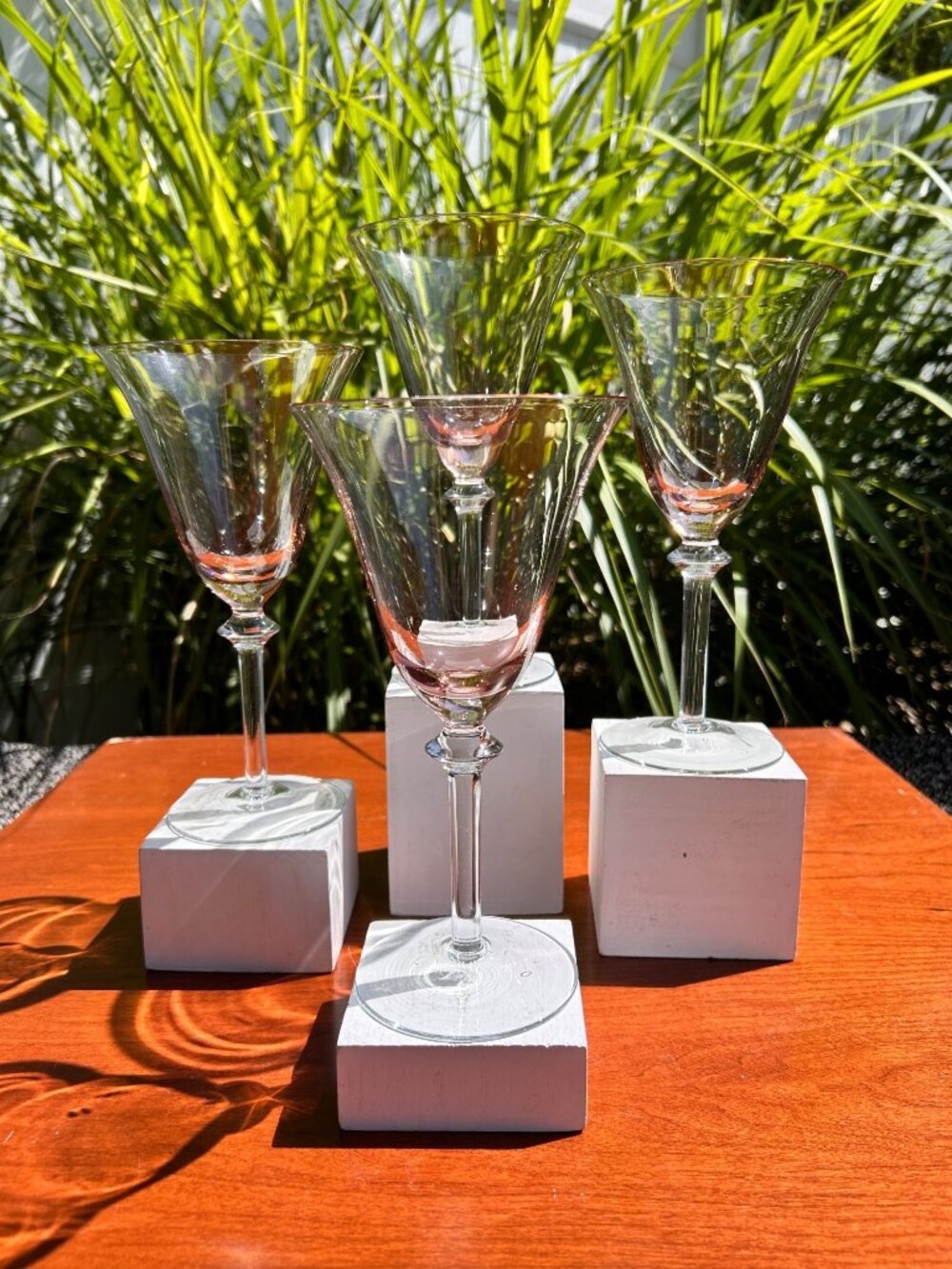 Vintage Style Pink Reflection Tall Stemmed Wine Glasses.